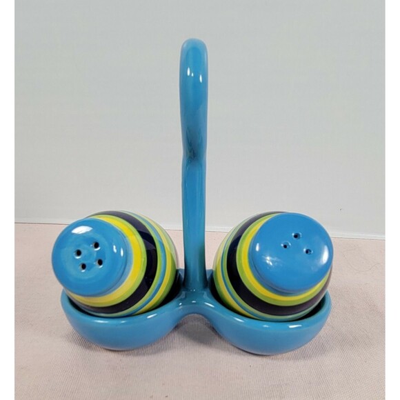 Ceramic Salt & Pepper Shakers with Holder- Blue green yellow multicolor - Picture 2 of 10